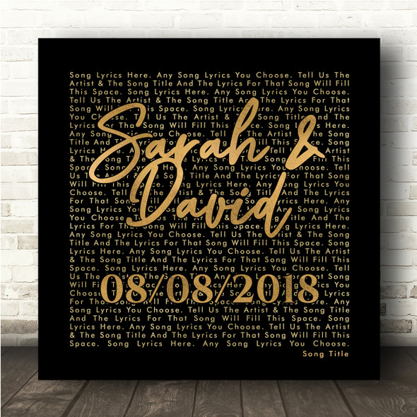 Black Gold Square Simple Script Any Song Lyric Personalised Music Wall Art Print