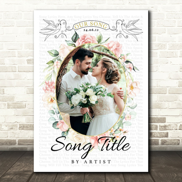 Floral Oval Photo Wedding First Dance Any Song Lyric Wall Art Print