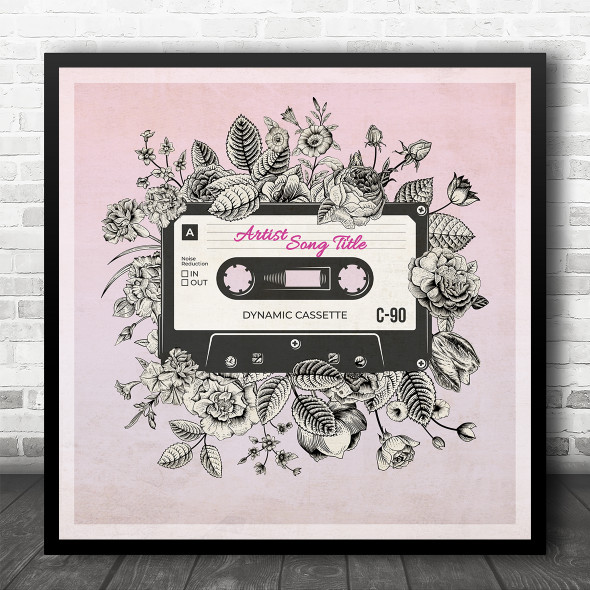 Pink Vintage Floral Cassette Tape Square Any Song Personalised Music Song Lyric Art Print