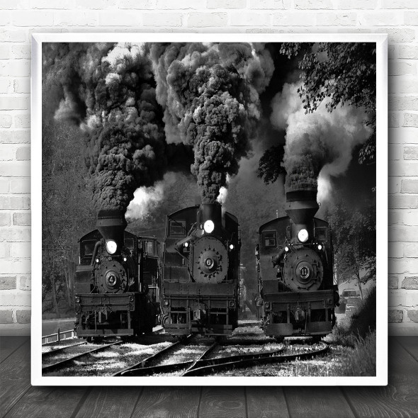 Steam Train Smoke Race B&W Rail Railroad Locomotive Engine Iron Square Art Print