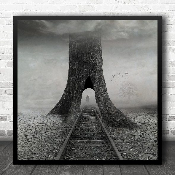 Creative Edit Black And White Tracks Railway Railroad Tunnel Square Art Print