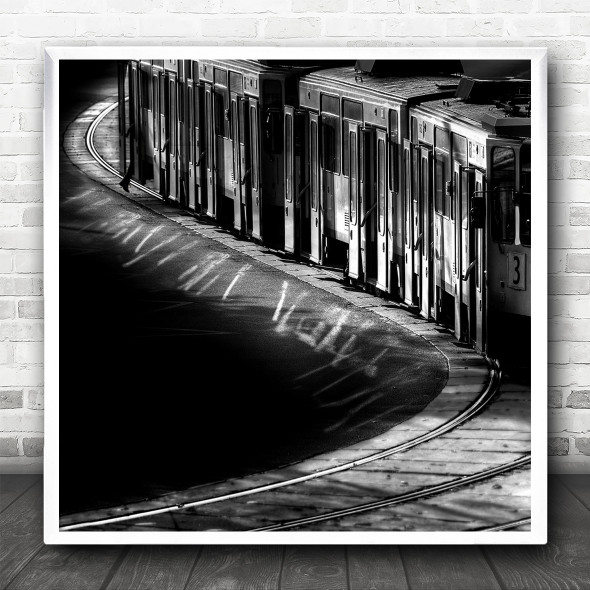 Train Tram Tracks Railway Railroad B&W Curve Curved Square Wall Art Print