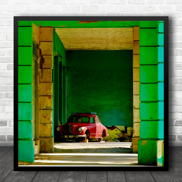 Cuba Colors Green Red Garage Street Classic Car Square Wall Art Print