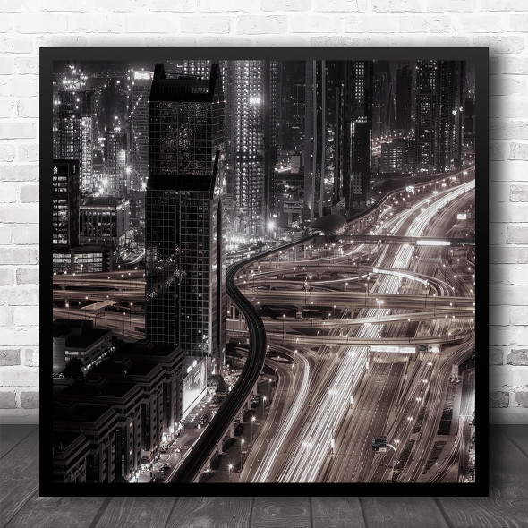 Dubai Architecture Light Trails Highway Square Wall Art Print