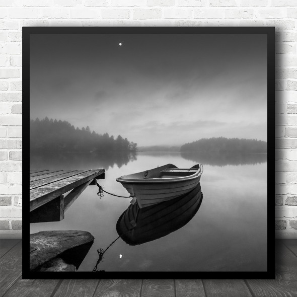 Early Morning Black And White Lone Boat Square Wall Art Print