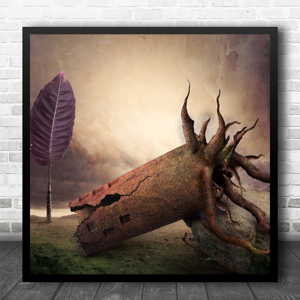 Creative Edit Leaf Texture Painterly Fairy-tale House Tree Roots Square Print