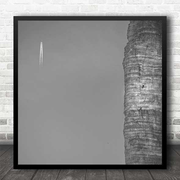 Black And White Cliff Abseiling Rocket Lines Square Wall Art Print