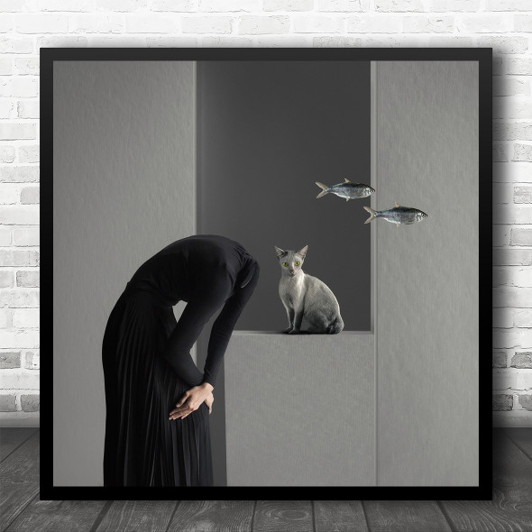 Conceptual Abstract Fish Cat Black Dress Square Wall Art Print