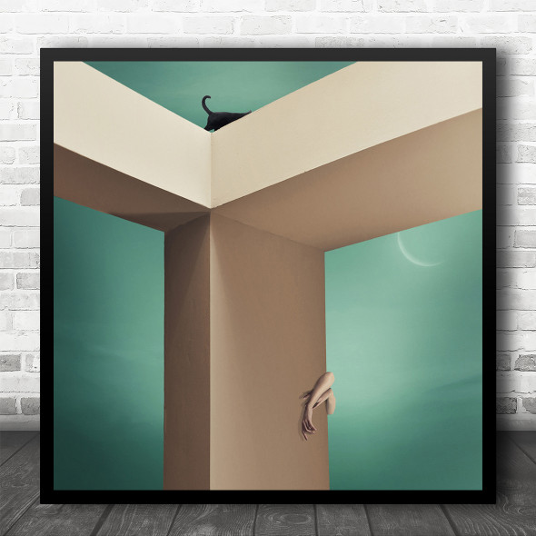 Green And Pink Hidden Arms Cat Walking Square Wall Art Print
