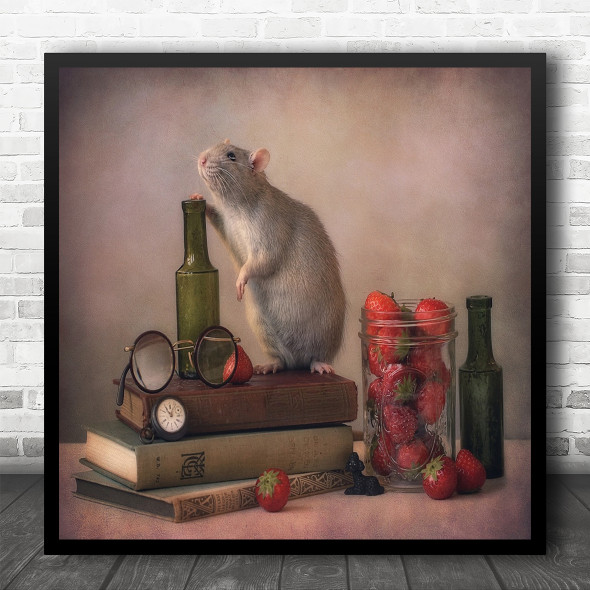 Still Life Mouse Pet Rodent Strawberry Strawberries Red Bottle Square Art Print