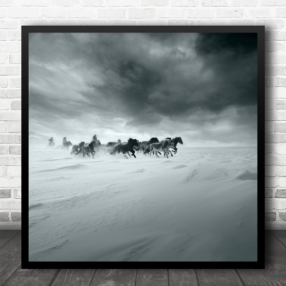 Horses Winter Snow Animals People Riding Action Square Wall Art Print