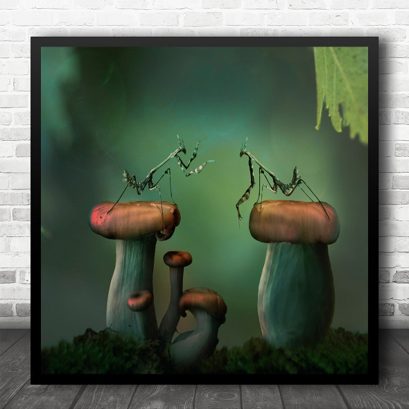 Still Life Praying Mantis Mushroom Tops Green Square Wall Art Print