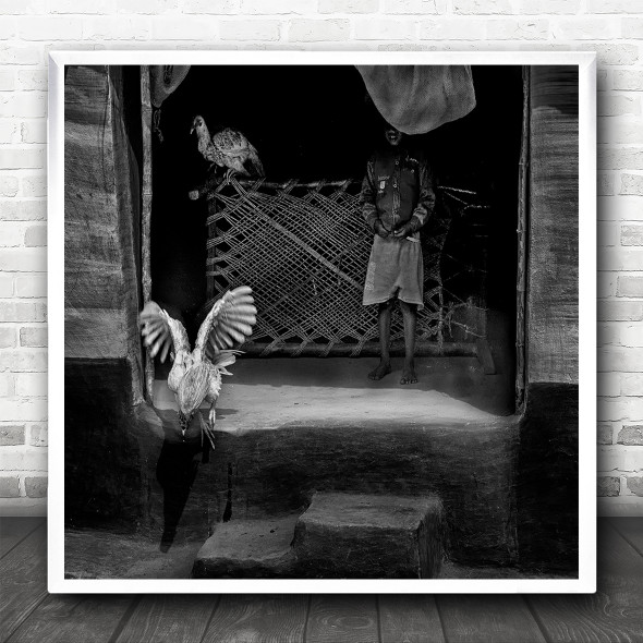 Black And White Poultry Escape Market Place Square Wall Art Print