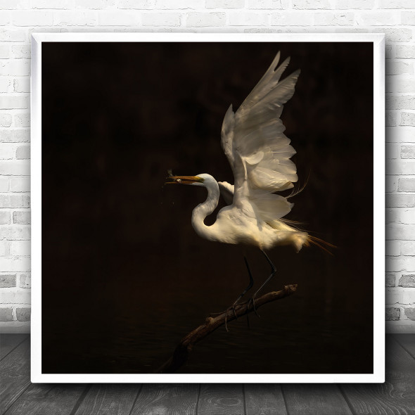 Fish Wings Bird Great Egret Brown Painterly Square Wall Art Print