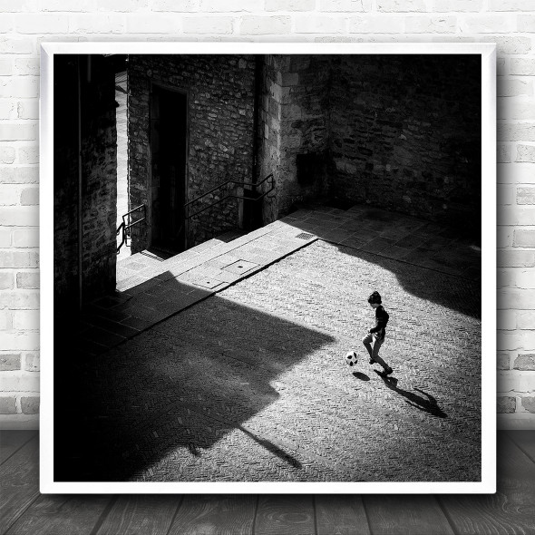 Kid Playing Football Light Shadow Street B&W Childhood Square Wall Art Print