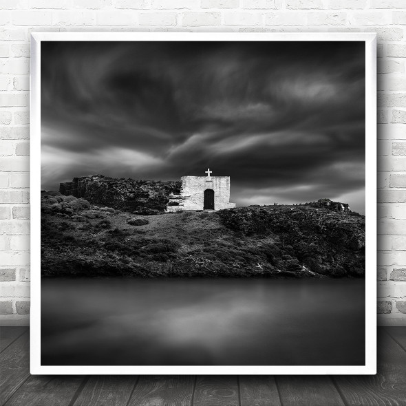 Black White Seascape Island Church Dark Swirly Clouds Square Wall Art Print