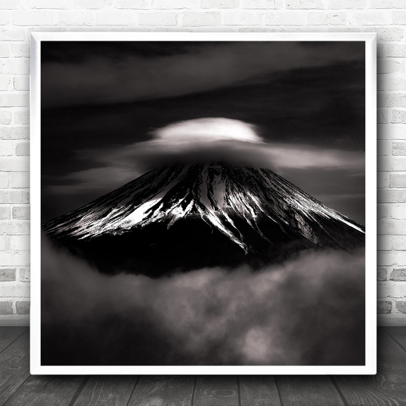 Fuji Mountain Cloud Japan Monochrome Black And White Square Wall Art Print