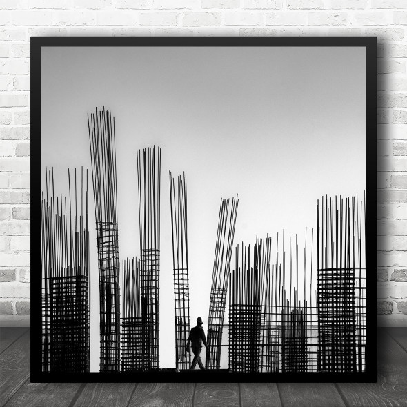 Black And White Construction Work Beams Structure Square Wall Art Print