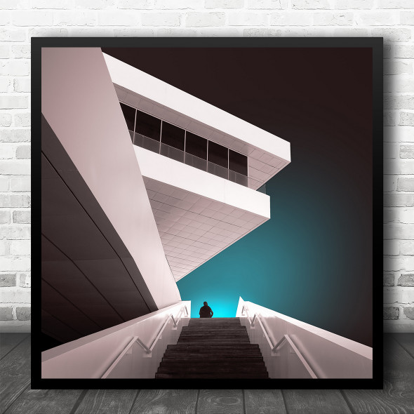 Architecture Abstract Person Lines Cyan Stairway Square Wall Art Print