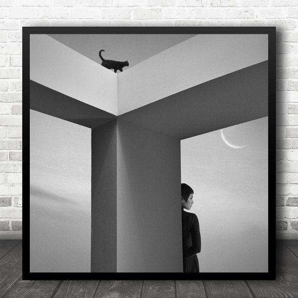Abstract Shapes Moon Cat Geometric Architecture Square Wall Art Print