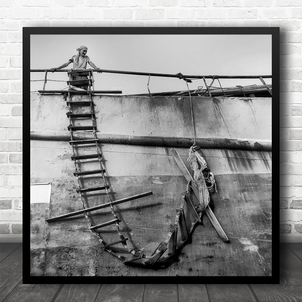 Black And White Portrait Man At Sea Boat Ladder Square Wall Art Print