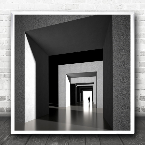 Black And White Hallway Walkthrough Silhouette Square Wall Art Print
