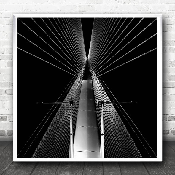 Black And White Look Up Mirrored Bridge Wires Square Wall Art Print