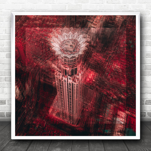 Red Double Exposure Skyscraper Floral Pattern Square Wall Art Print