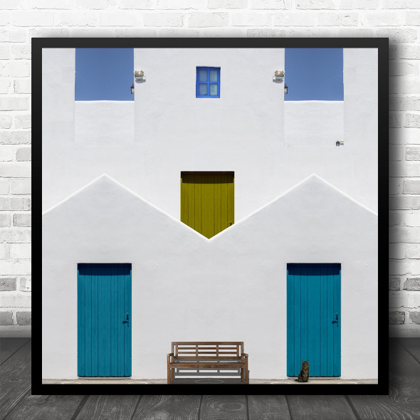 White Building Greece Colourful Bench Holiday Square Wall Art Print