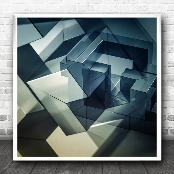 Abstract Blue Green Glass Structure Geometry Square Wall Art Print