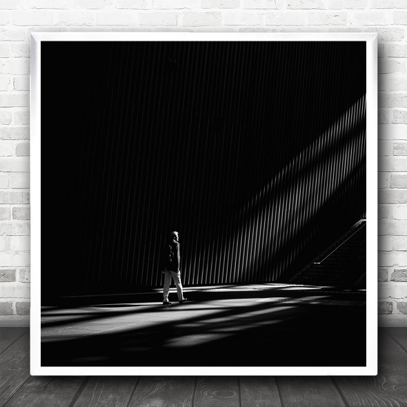 Black And White Shadow Light Walking Stairs Square Wall Art Print