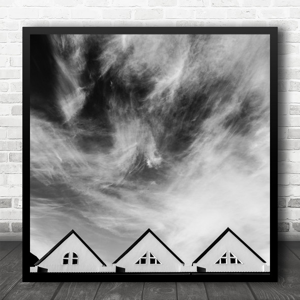 Rooftops Sky Clouds Black And White Windows Square Wall Art Print