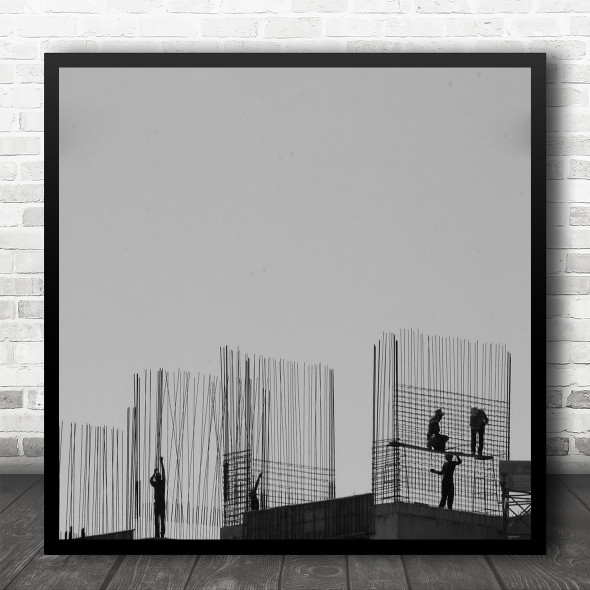 Black And White Construction Workers Wires Square Wall Art Print