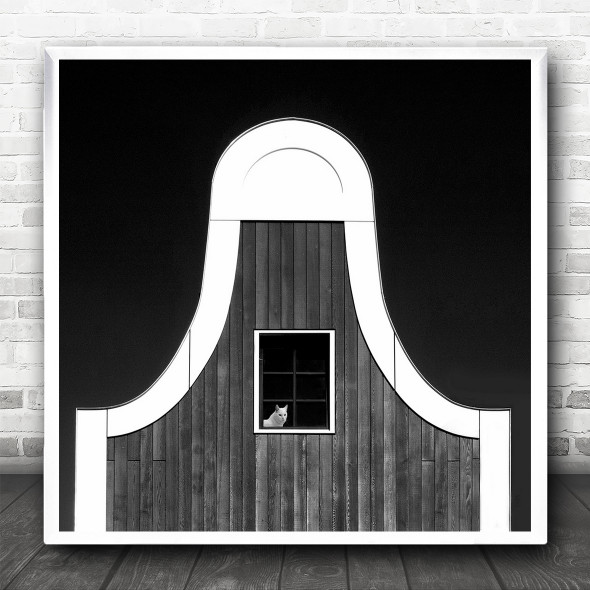 Cat House Creative Window B&W Pet Animals Square Wall Art Print