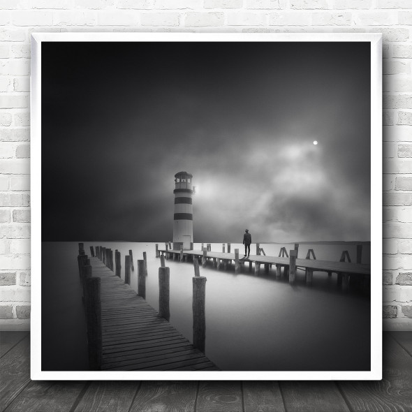 Landscape Black And White Pier Lighthouse Square Wall Art Print