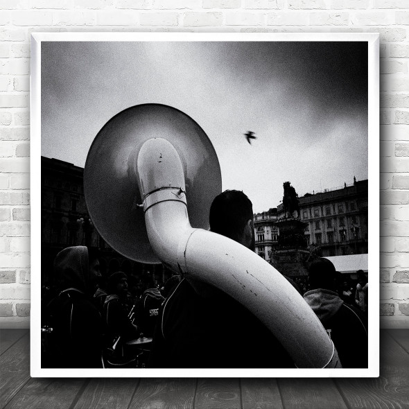 Black And White Marching Band Trombone Square Wall Art Print