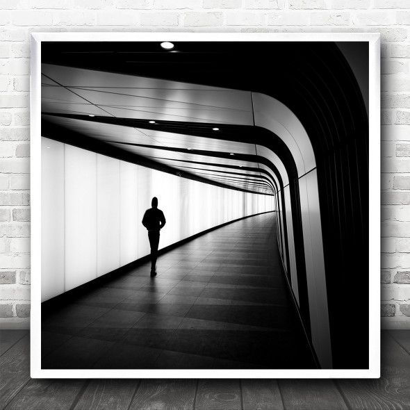 Black And White Walking Tunnel Figure Square Wall Art Print