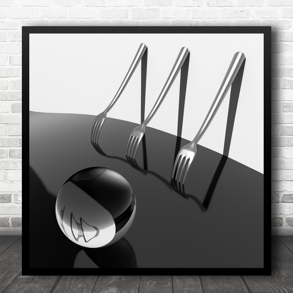 Black And White Conceptual Ball And Forks Cutlery Square Wall Art Print