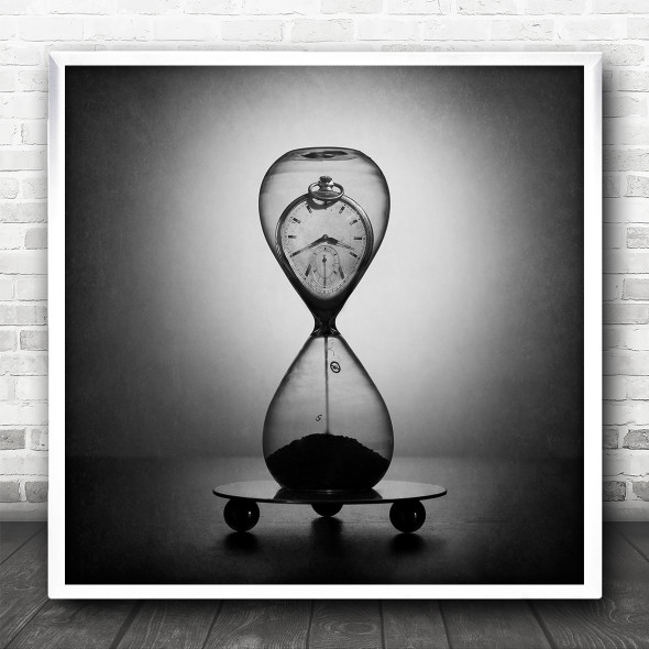 Black And White Hour Glass Sand Time Clock Stuck Square Wall Art Print