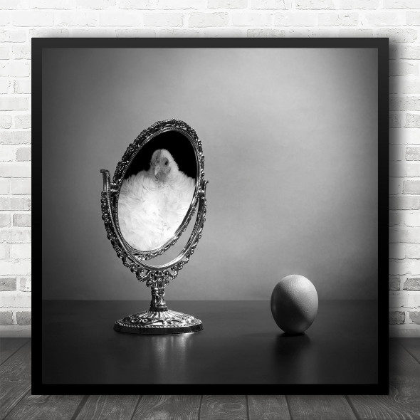 Black And White Mirror Chicken Reflection Egg Square Wall Art Print