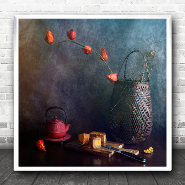 Still Life Basket Tea Knife Kitchen Flower Flowers Chinese Square Wall Art Print