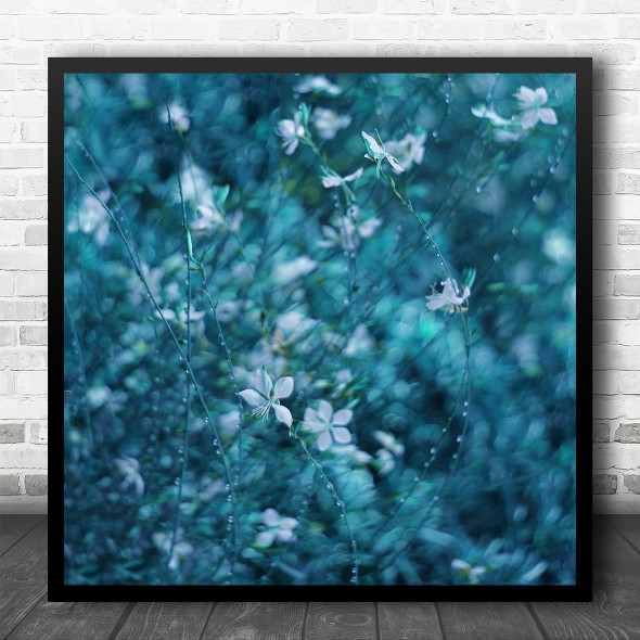 Teal Turquoise Flower Flowers Flora Floral Botanical Bokeh Square Wall Art Print