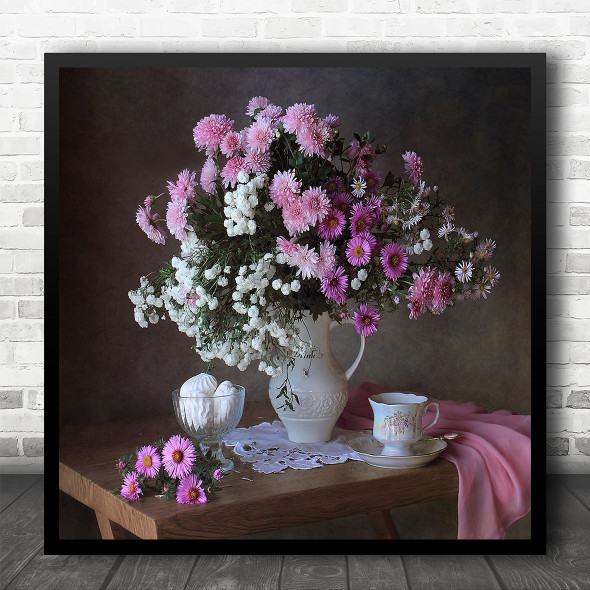 Summer Flowers Vase Flower Table Still Life Fabric Pastel Colors Square Print