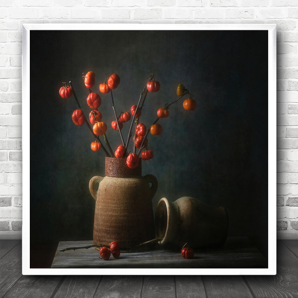 Pumpkin Tomato Stick Fall Vegetable Plants Tomatoes Vase Red Square Art Print