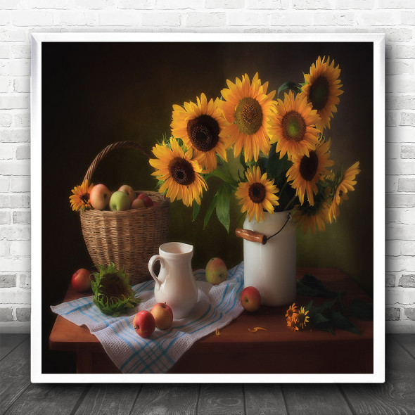 Sunflower Flower Yellow Basket Rustic Pitcher Bucket Bouquet Square Art Print