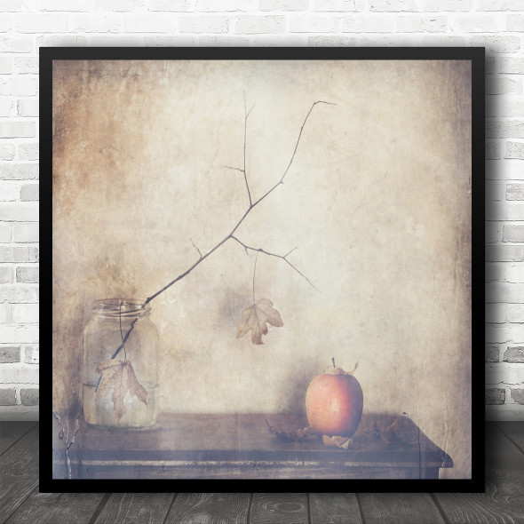 Texture Bottle Jar Apple Fruit Table Fall Autumn Leaf Leaves Square Art Print