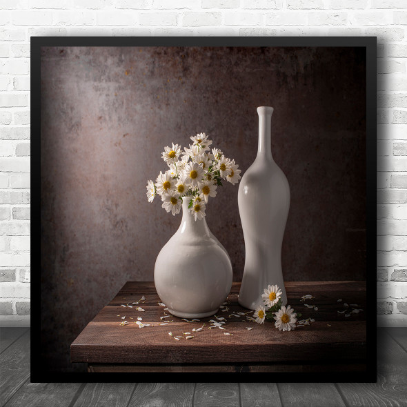 Flowers Vase Pot White Daisy Daises Flower Flora Floral Square Wall Art Print