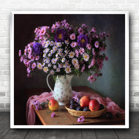 Flowers Bouquet Aster Chrysanthemums Fruits Pink Still Life Square Art Print