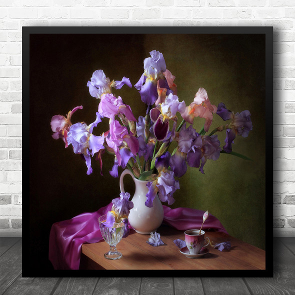 Tea Cup Pastel Colors Bouquet Vase Fabric Glass Flower Square Wall Art Print