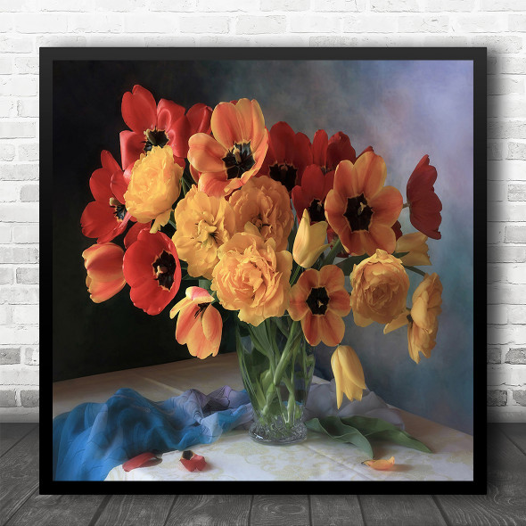 Bouquet Flowers Tulips Still Life Flower Orange Red Square Wall Art Print